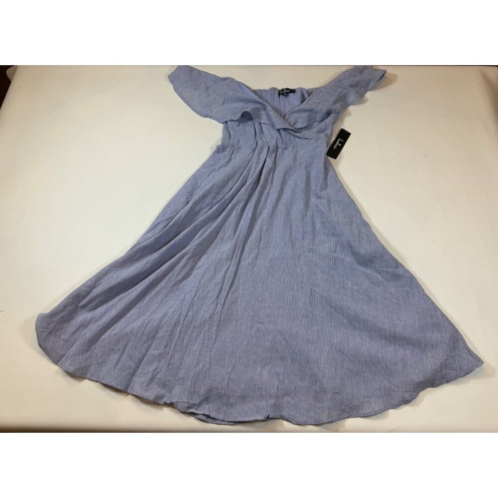 Lulus Light Blue Cotton Blend Midi Dress Side Zipper Striped A-Line M (bin ii92)